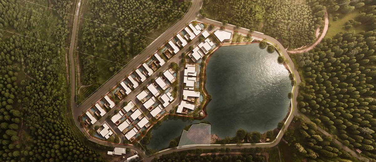 Aerial view of Redwood Lakeside villas around the lake