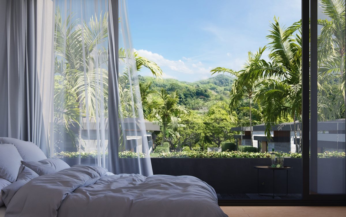 Bedroom with a view of the hills and palms