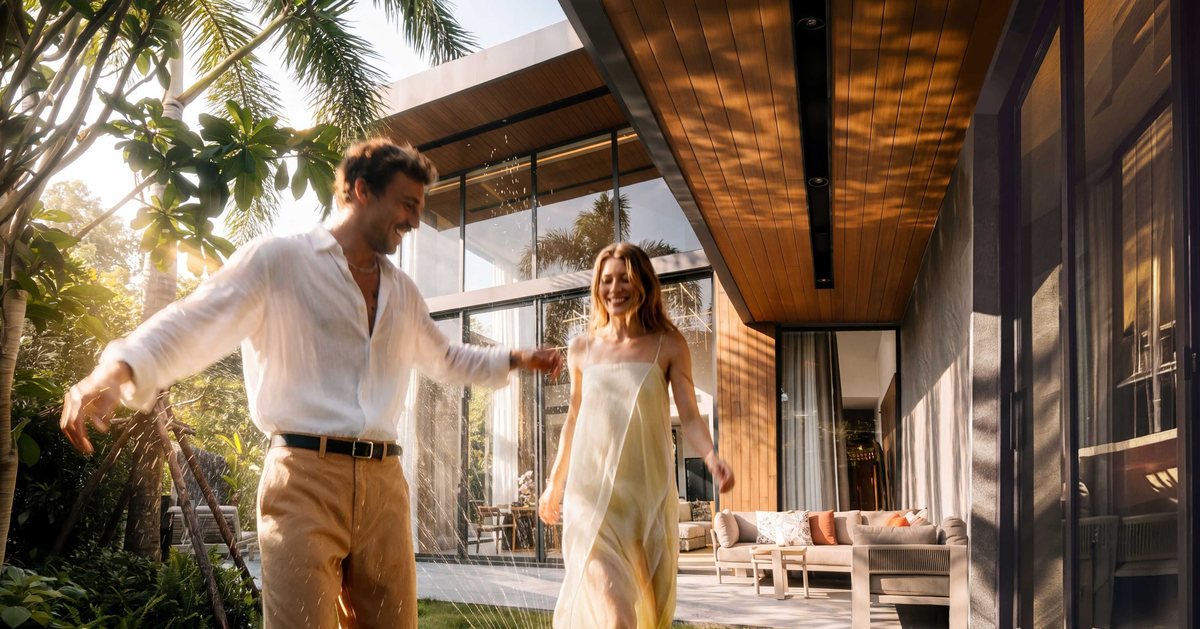 Couple walking to a Redwood Lakeside villa