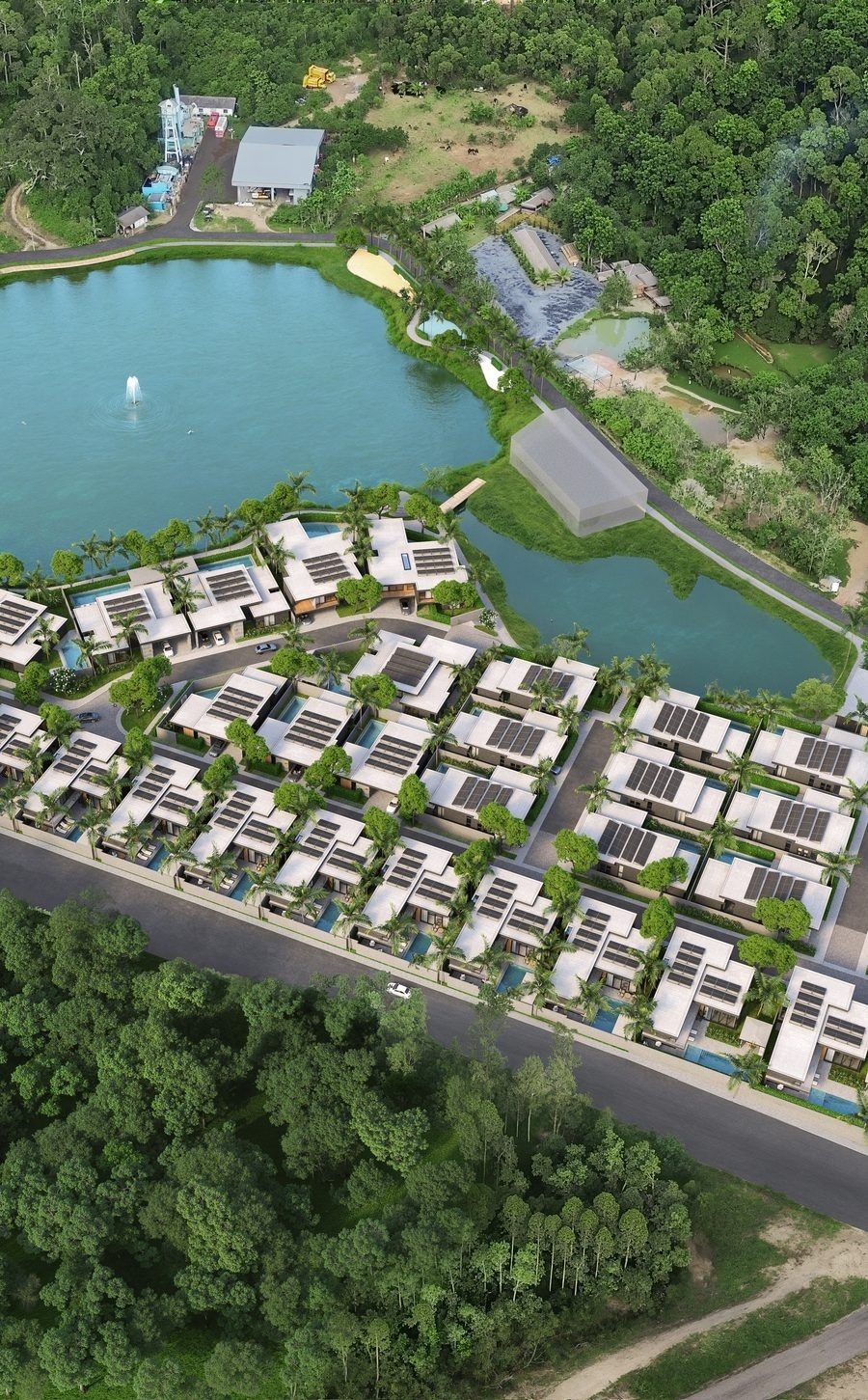 Drone view of the lake and villas of Redwood Lakeside