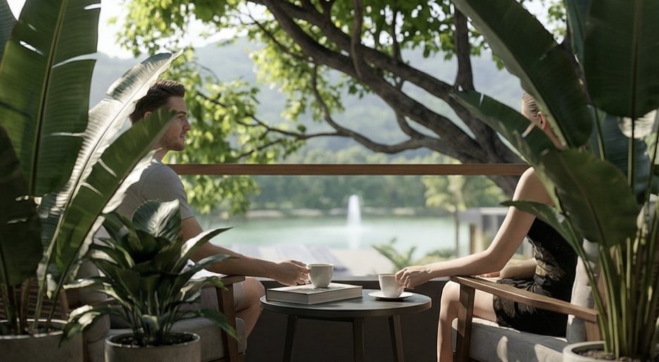 Evening terrace overlooking the village lake