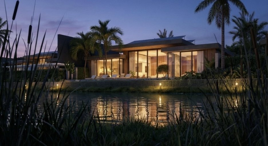 Evening view of a lit villa across the lake