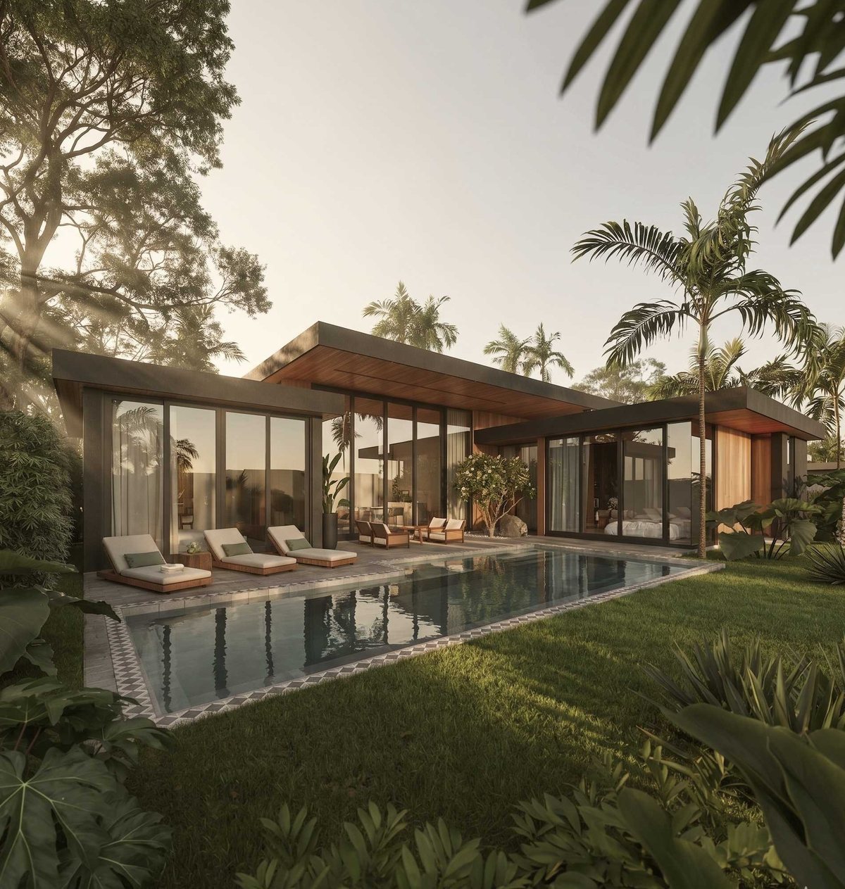One-storey villa with a pool and a lawn in the garden