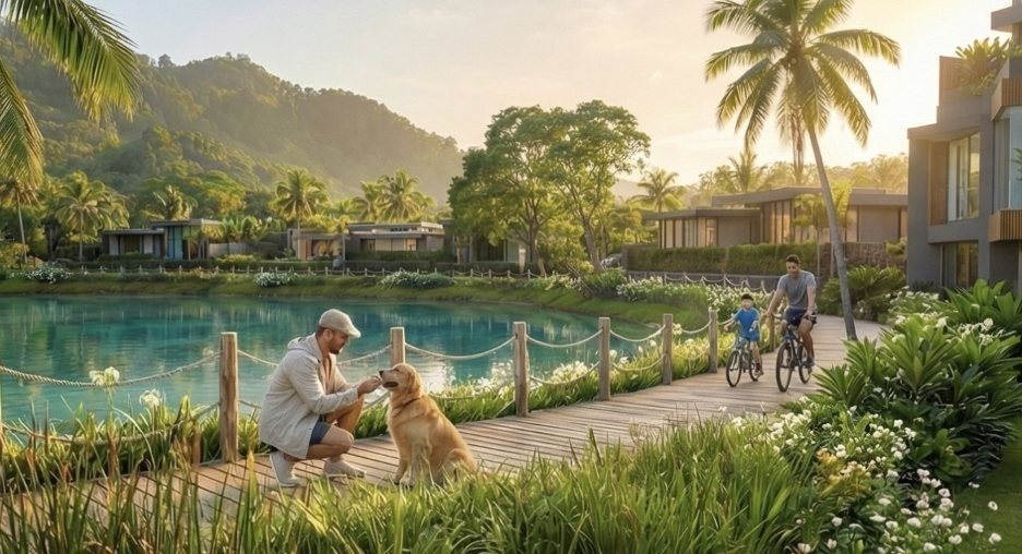 Residents and a dog on the lake promenade