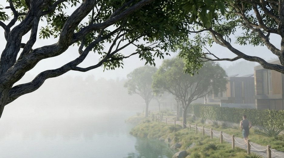 Footpath along the misty lake under old trees